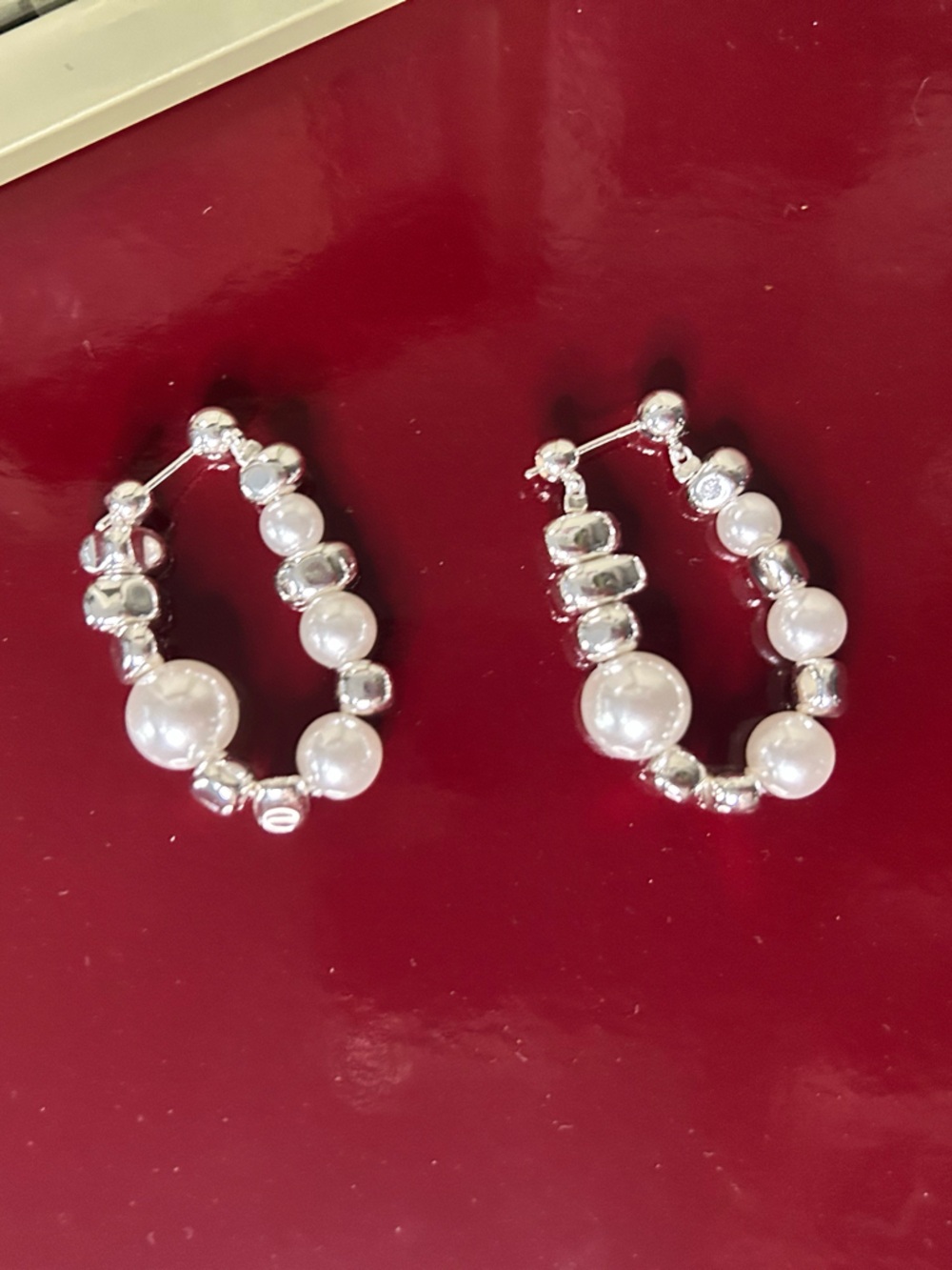 Silver Pearl Bead Hoop Earrings - Women Jewelry